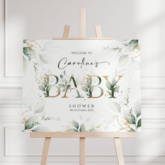 Printable Eucalyptus Baby Shower Welcome Sign – Personalized Greenery & Gold Baby Shower Decor – Digital Welcome Sign Poster – Instant Download