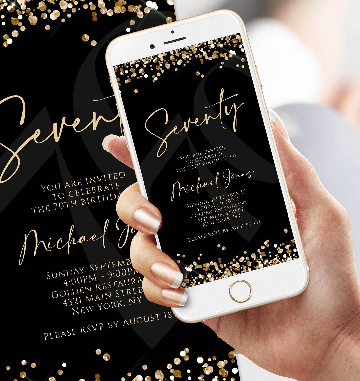 Digital Black Gold Seventy 70th Birthday Invitation Template, Electronic Birthday Invite, Editable Text Message Evite, Elegant Black Invite