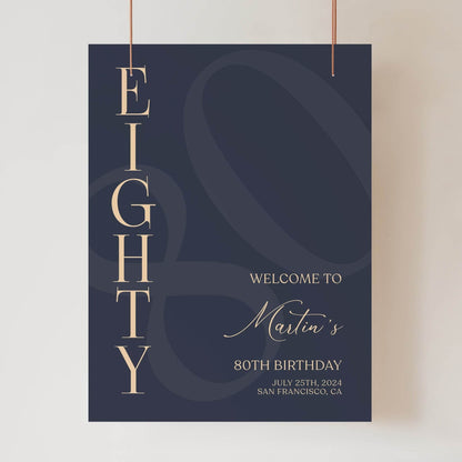 Printable 80th Eighty Birthday Welcome Sign Template, Blue Navy Gold Editable Welcome Sign Poster, Birthday Decoration, Digital Elegant Sign