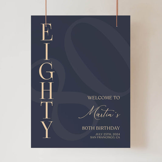 Printable 80th Eighty Birthday Welcome Sign Template, Blue Navy Gold Editable Welcome Sign Poster, Birthday Decoration, Digital Elegant Sign