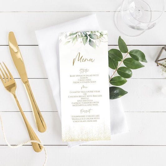 Greenery Birthday Menu Template, Printable Gold Dinner Menu Card, Wedding Menu Card, Instant Download, Editable Menu Digital Table Card DIY