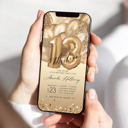 13th Birthday Electronic Invitation – Gold Balloons Mobile Evite – Editable Text Message Invite – DIY Digital Template