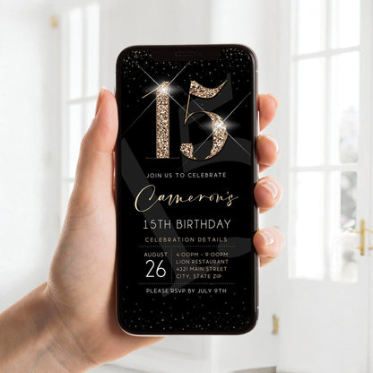 Luxury Digital 15th Fifteen Birthday Evite Invitation Template, Electronic Black Gold Modern Invite, Email Text Message Evite, Phone Invite