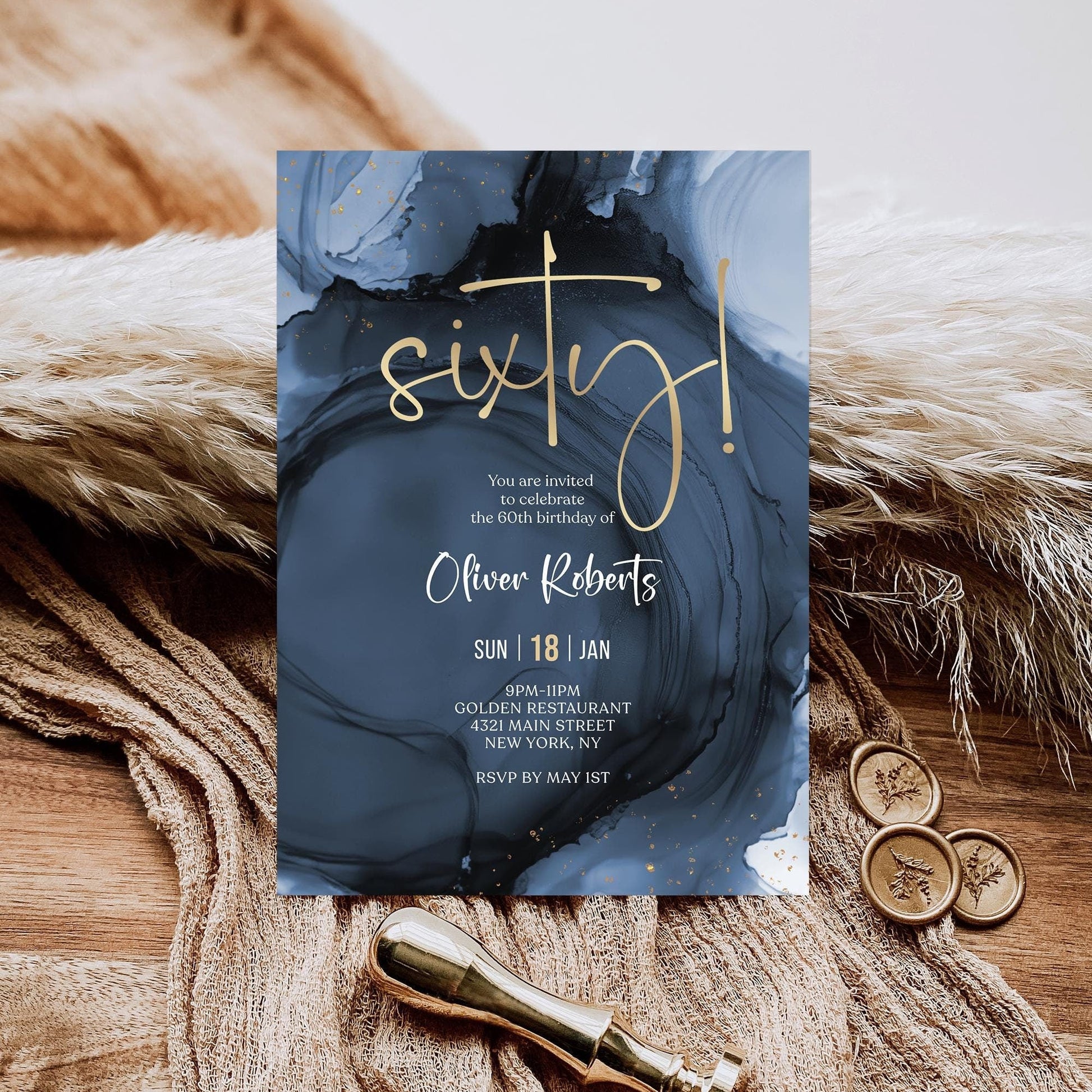 Blue Gold 60th Sixty Birthday Invitation Template, Printable Navy Men's Sixty Birthday Invite, Editable Surprise Invite, Digital Download