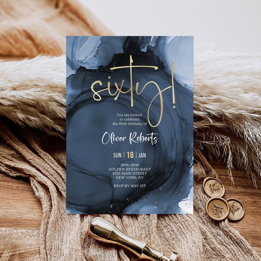 Blue Gold 60th Sixty Birthday Invitation Template, Printable Navy Men's Sixty Birthday Invite, Editable Surprise Invite, Digital Download
