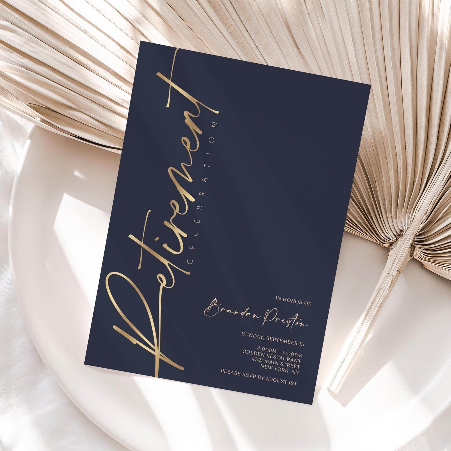 Navy Gold Retirement Party Invitation Template, Editable Digital Invite, Printable Retirement Card, Email & Text Message Evite, Instant Download