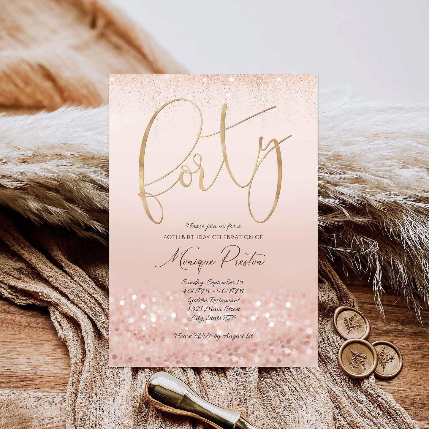 Rose Gold 40th Birthday Invitation Template, Editable Ladies Surprise Party Invite, Printable Pink Evite, Digital Text Message Download