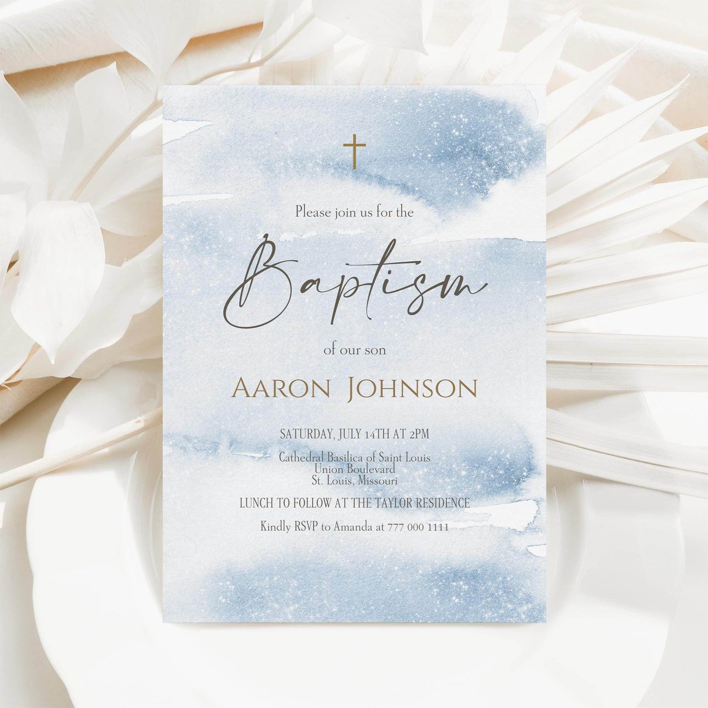 Boy Baptism Invitation Template Printable, Blue Watercolor Christening Invite, Editable Baptism Card, Email Text Message Digital Evite