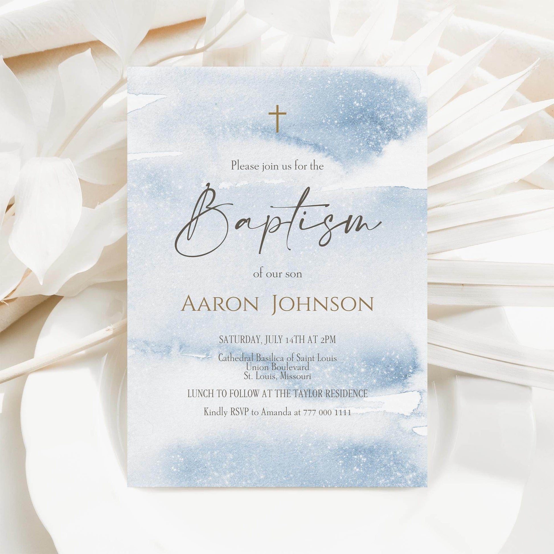 Boy Baptism Invitation Template Printable, Blue Watercolor Christening Invite, Editable Baptism Card, Email Text Message Digital Evite