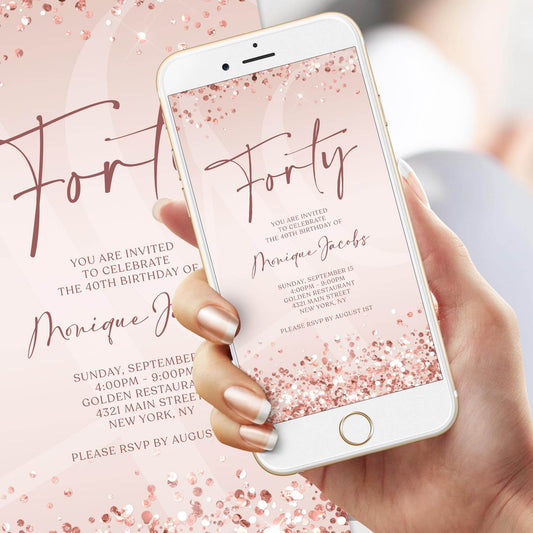 Pink Rose Gold Forty 40th Invite Digital, Birthday Invitation Template, Editable Rose Gold Evite, Text Message Electronic Birthday Card