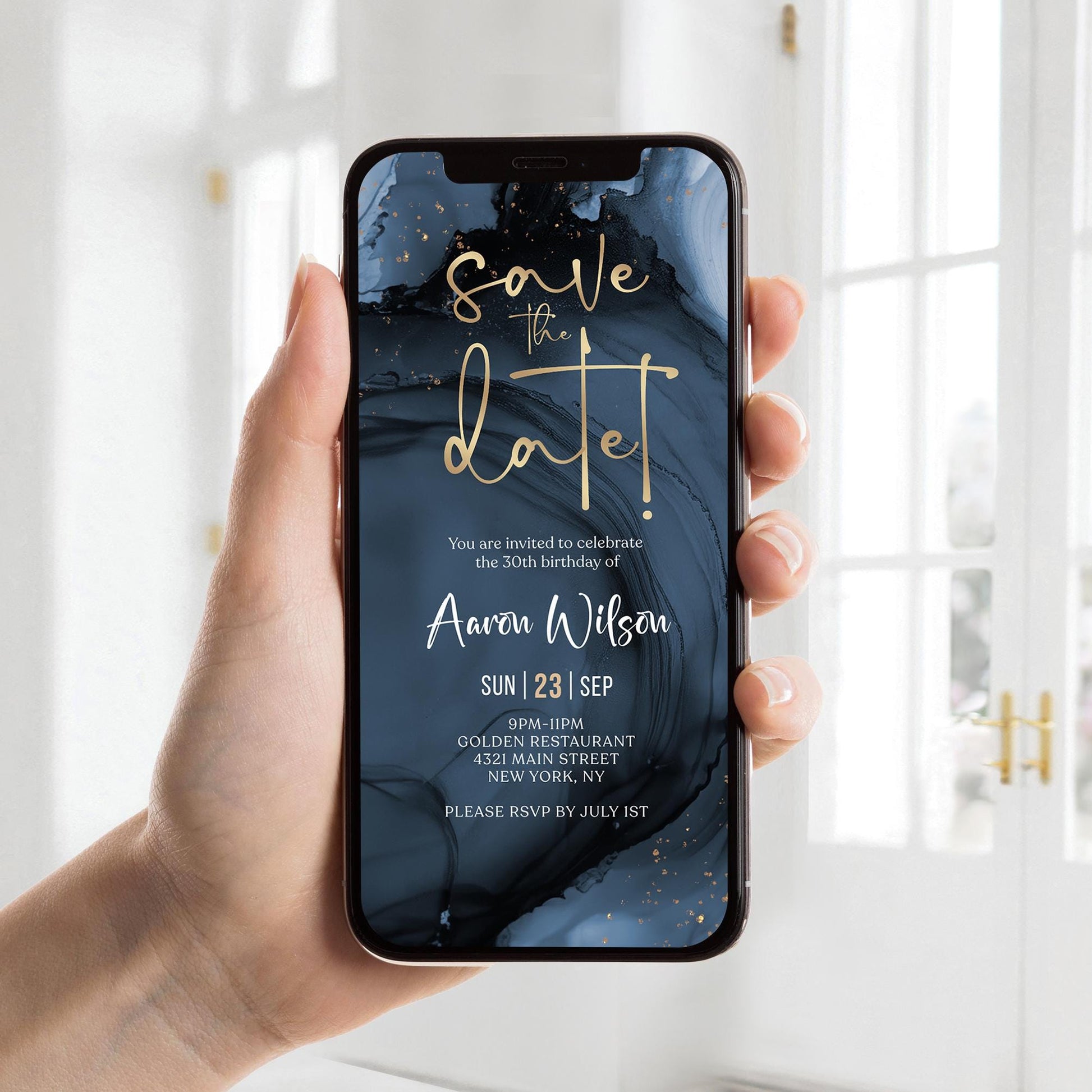 Digital Navy Gold Save the Date Invitation template, Electronic Birthday Invite, Editable Mobile Evite, Any Age Invite, Text Message Evite
