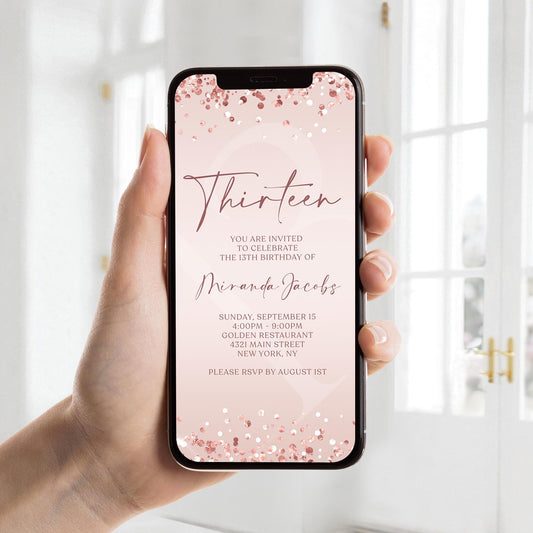Editable 13th birthday invitation in pink with rose gold confetti, Digital sweet 13 invite template for text message or email, Modern pink and rose gold birthday invitation for teen girl, Instant download 13th birthday digital invitation template, Phone-friendly rose gold confetti party invitation, Customizable birthday invitation for 13-year-old girl, Electronic 13th birthday evite with pink background