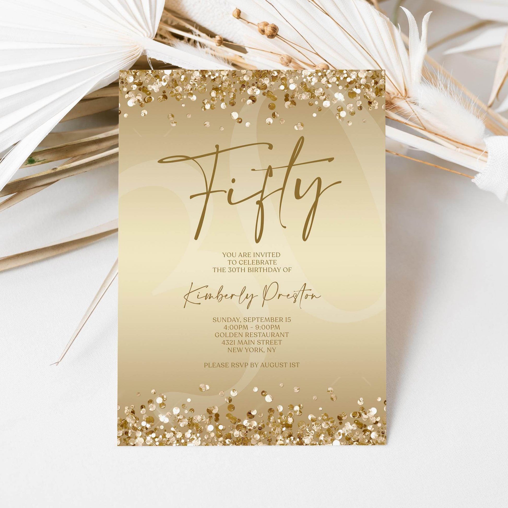 Gold 50th Birthday Invitation Template, Editable Fifty Surprise Party Evite, Digital Gold Invite for Women, Email Text Message Download