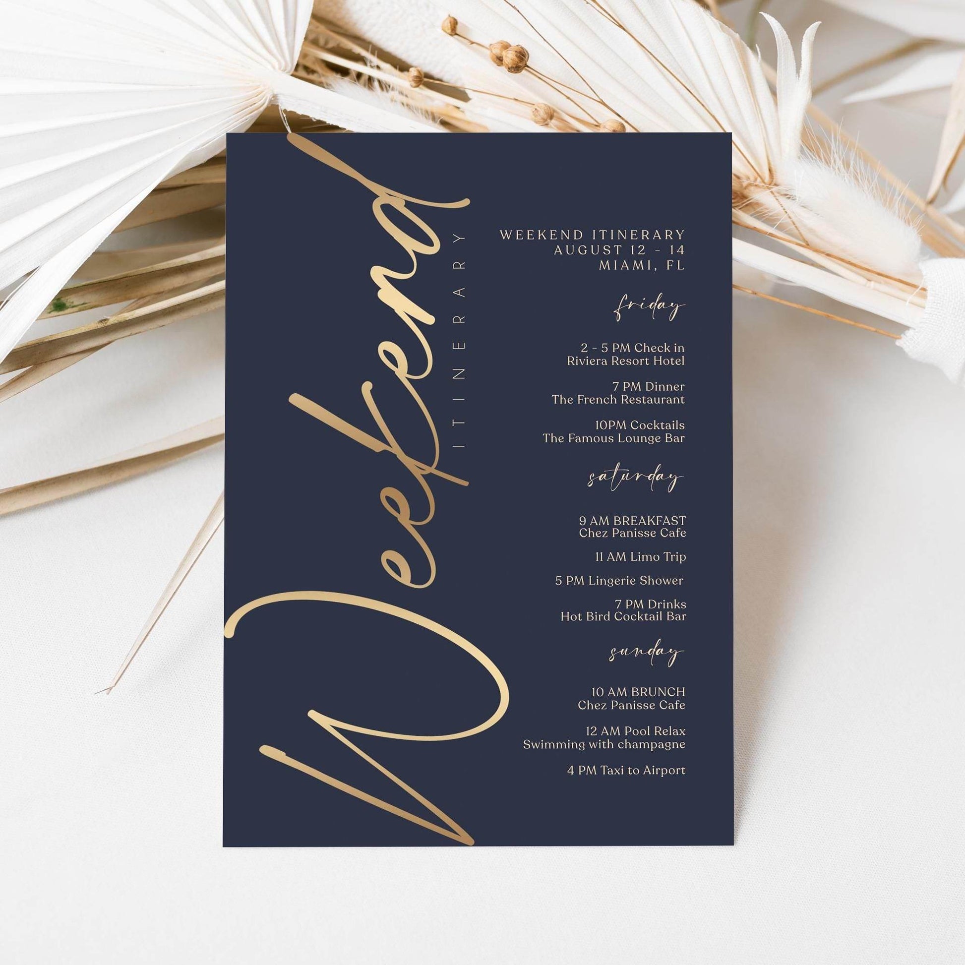 Editable Navy & Gold Weekend Itinerary Template – Elegant Printable Event Schedule | Birthday or Anniversary Weekend Planner | Instant Download