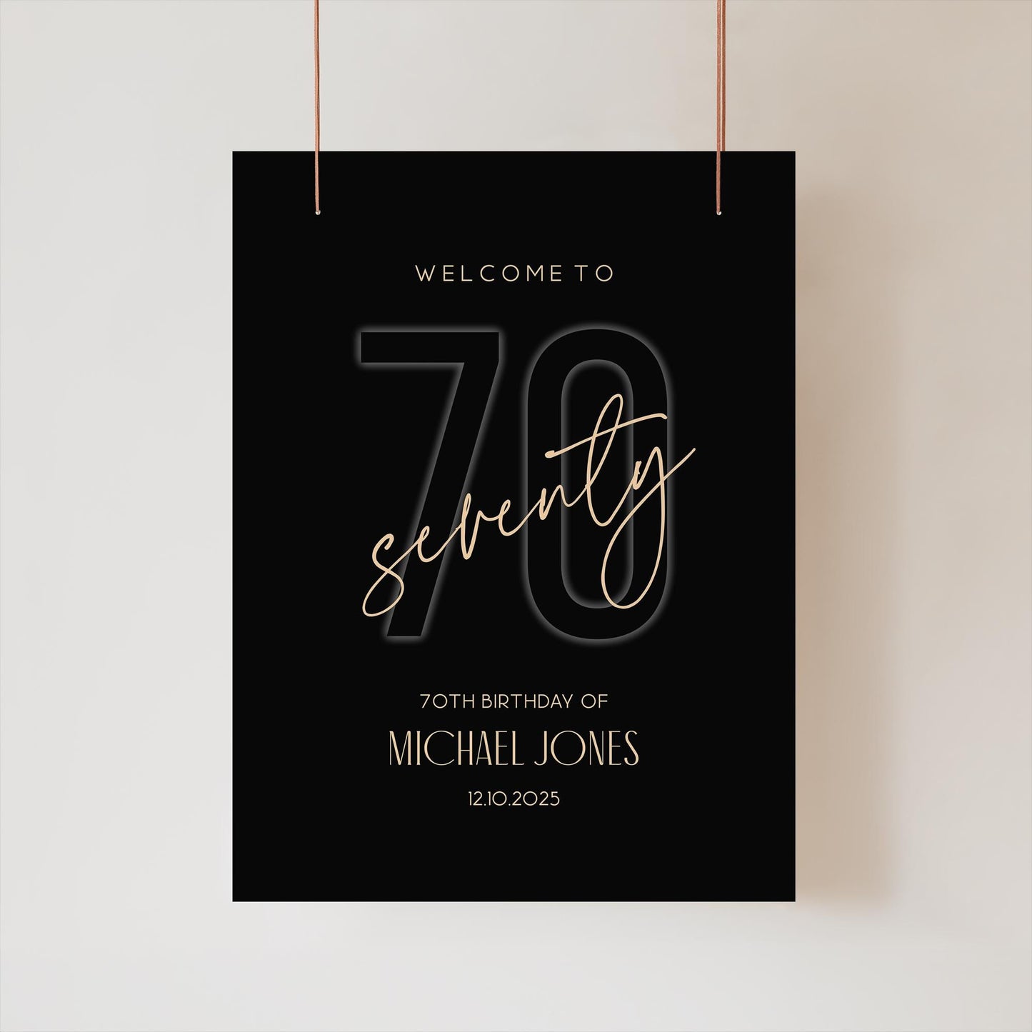 Black 70th Seventy Birthday Welcome Sign Template, Editable Seventy Welcome Board Poster, Printable Birthday Banner, Men's Birthday Decor