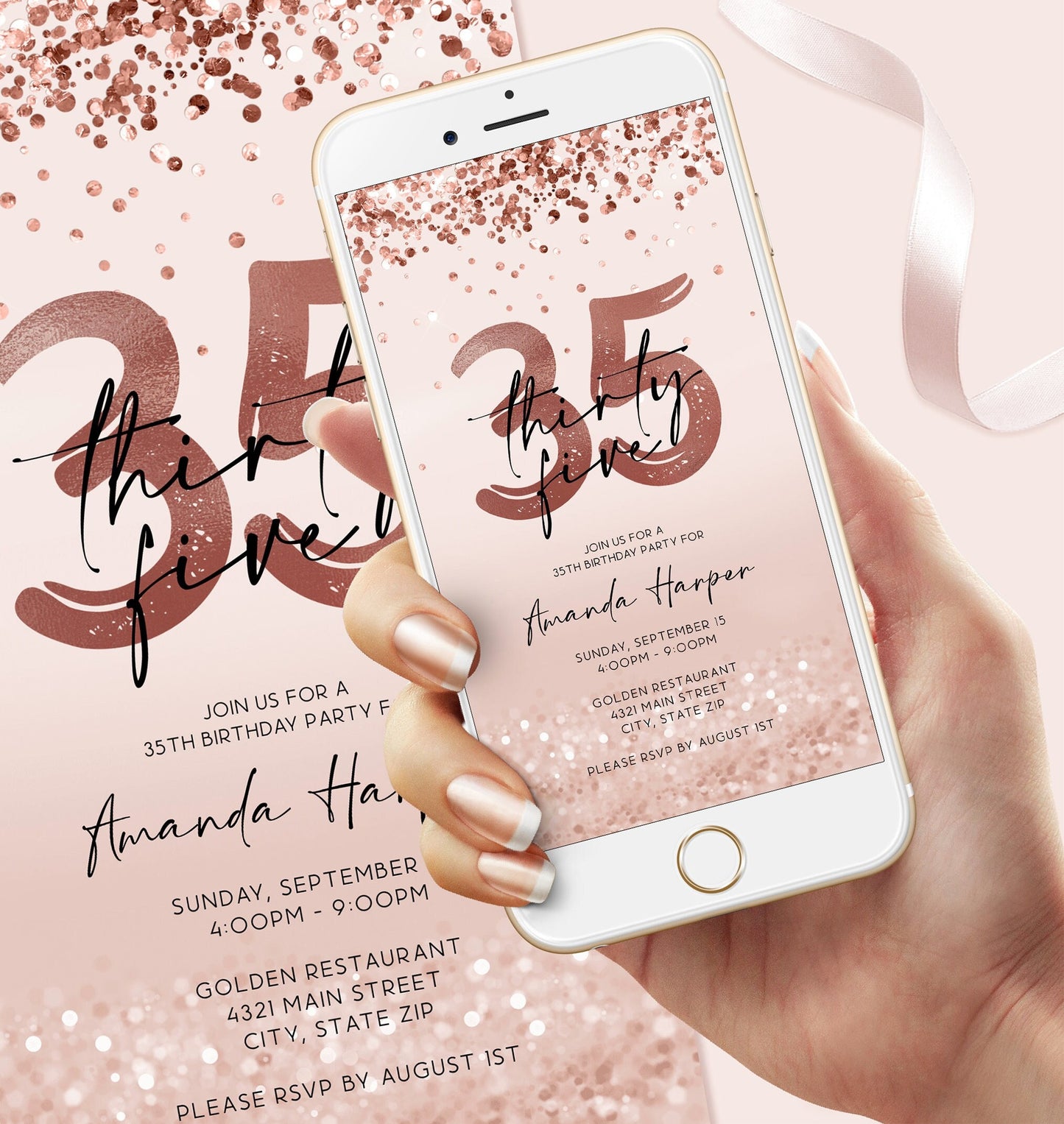 35th Birthday Invitation Template - Rose Gold Foil Design | Instant Download