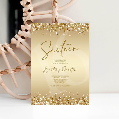 Gold 16th Birthday Invitation Template, Editable Digital Sweet Sixteen Party Invite, Confetti Text Message Evite, Instant Download DIY