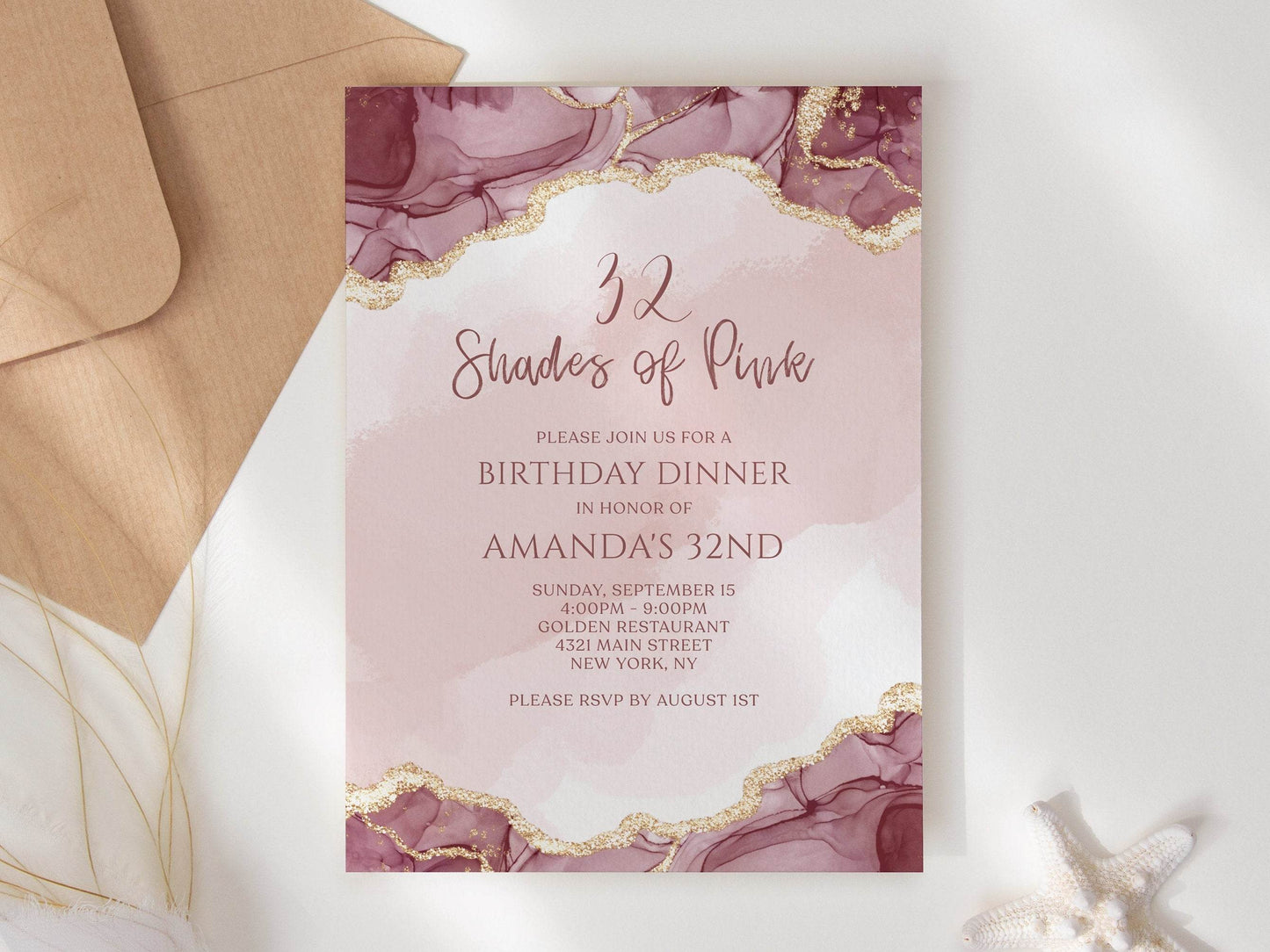 Editable Shades of Pink and Gold Birthday Dinner Invitation Template, Agate Design Printable Woman Birthday Invite, DIY Email Text Message Evite