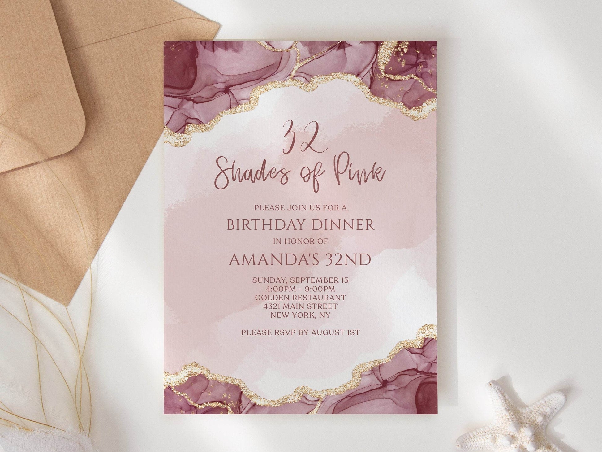Editable Shades of Pink and Gold Birthday Dinner Invitation Template, Agate Design Printable Woman Birthday Invite, DIY Email Text Message Evite