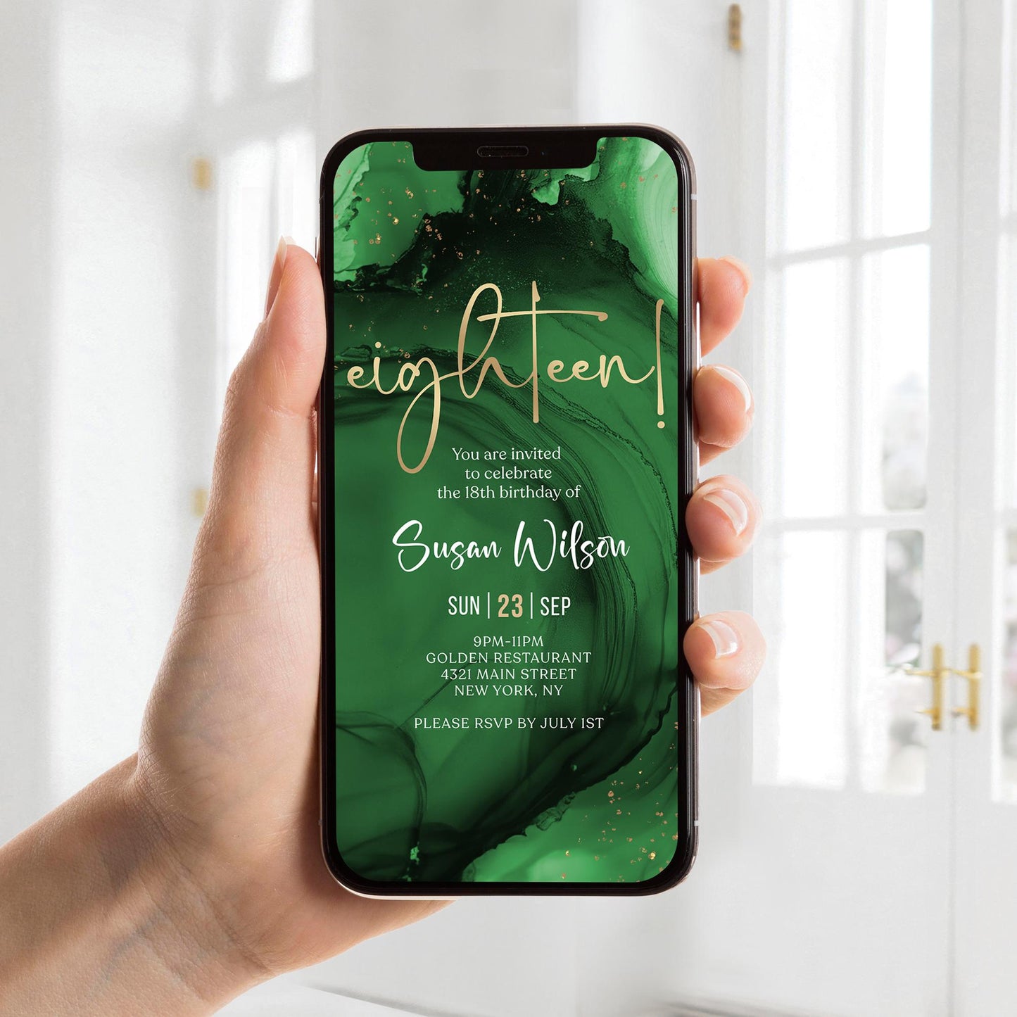 18th Birthday Invitation Template - Green Emerald Gold Design | Instant Download