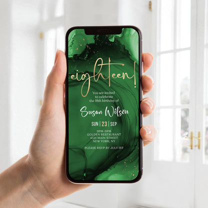 18th Birthday Invitation Template - Green Emerald Gold Design | Instant Download