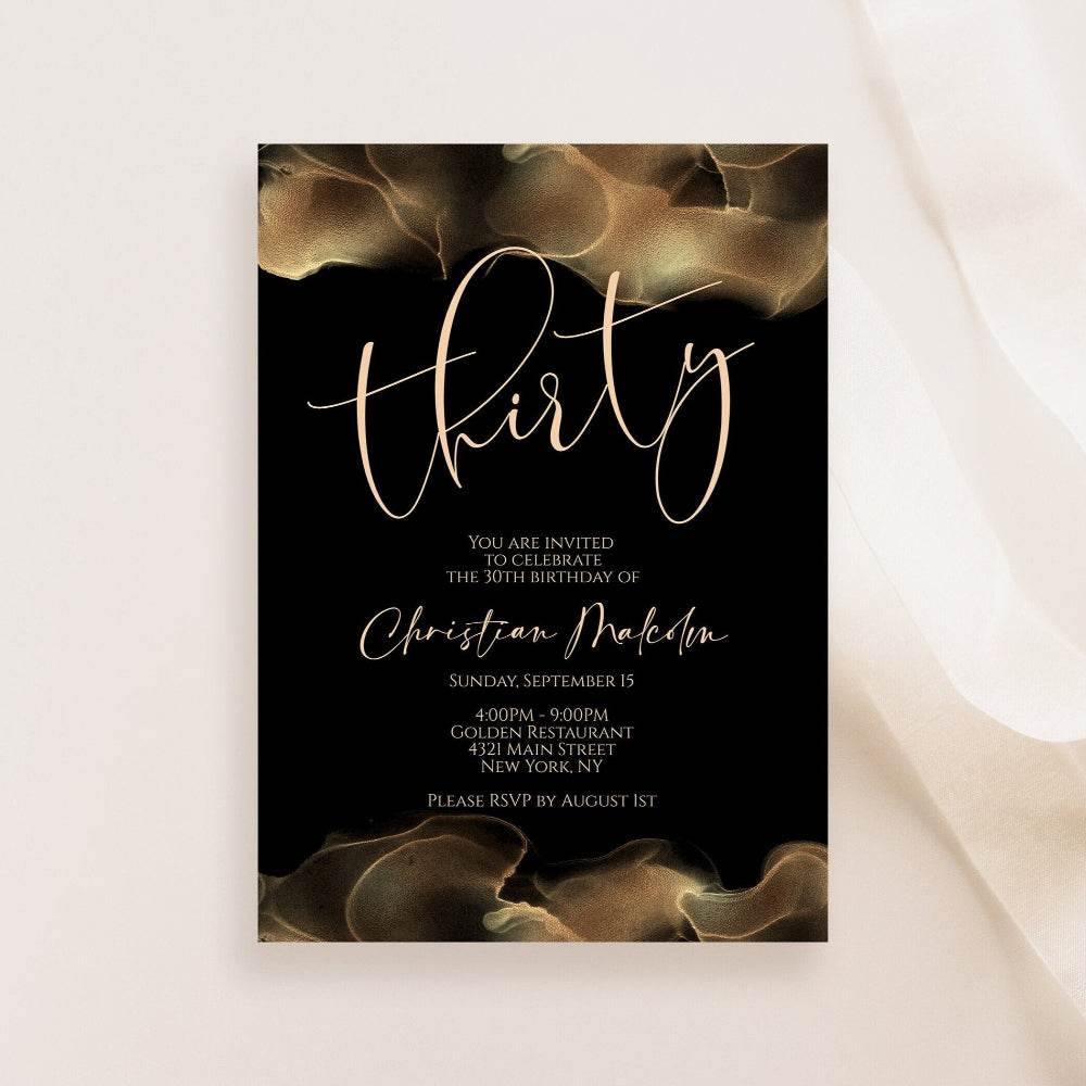 Printable 30th Birthday Invitation Template – Editable Black Gold Foil & Blush Invite – Luxury Digital Birthday Party Card – Instant Download
