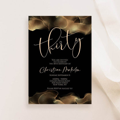 Printable 30th Birthday Invitation Template – Editable Black Gold Foil & Blush Invite – Luxury Digital Birthday Party Card – Instant Download