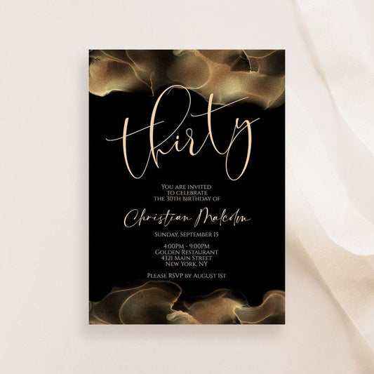 Printable 30th Birthday Invitation Template – Editable Black Gold Foil & Blush Invite – Luxury Digital Birthday Party Card – Instant Download