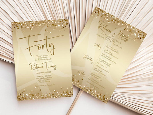Printable Gold 40th Birthday Weekend Itinerary Template - Editable Birthday Weekend Invitation - Digital Birthday Party Schedule - Instant Download