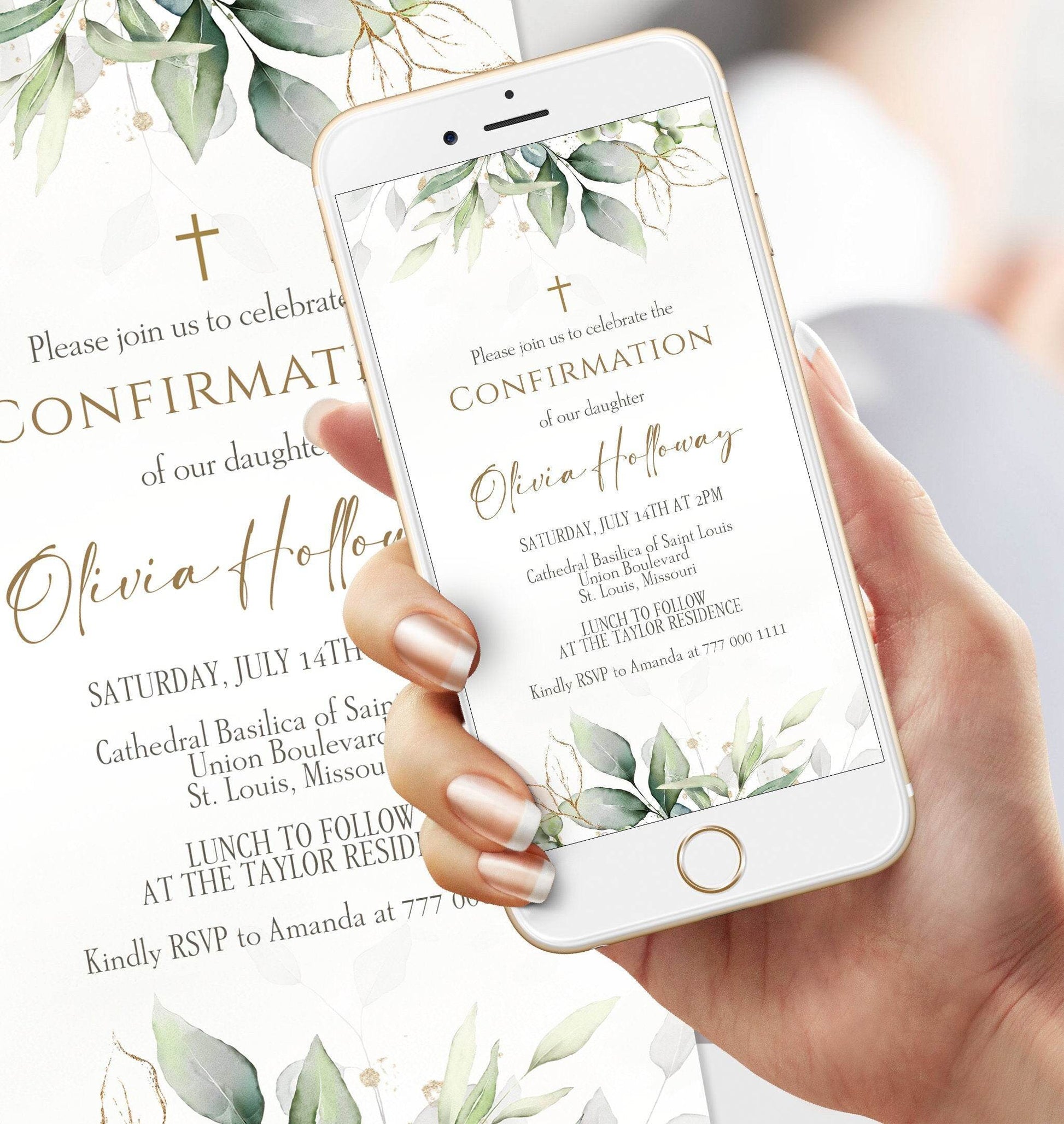 Digital Confirmation Invitation Template, Electronic Greenery Confirmation Invite, Boy or Girl Confirmation. Editable Confirmation Template, Phone Text Message Evite, Instant Download, Custom Mobile Invite