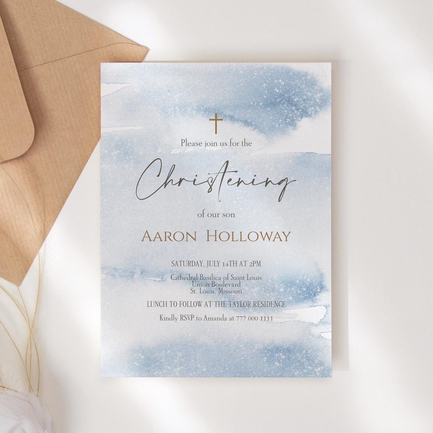 Printable Christening Boy Invitation, Blue Boy Christening Invite Template, Blue Gold Watercolor, Editable Baptism, Modern Digital Template