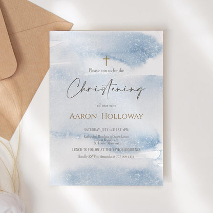 Printable Christening Boy Invitation, Blue Boy Christening Invite Template, Blue Gold Watercolor, Editable Baptism, Modern Digital Template