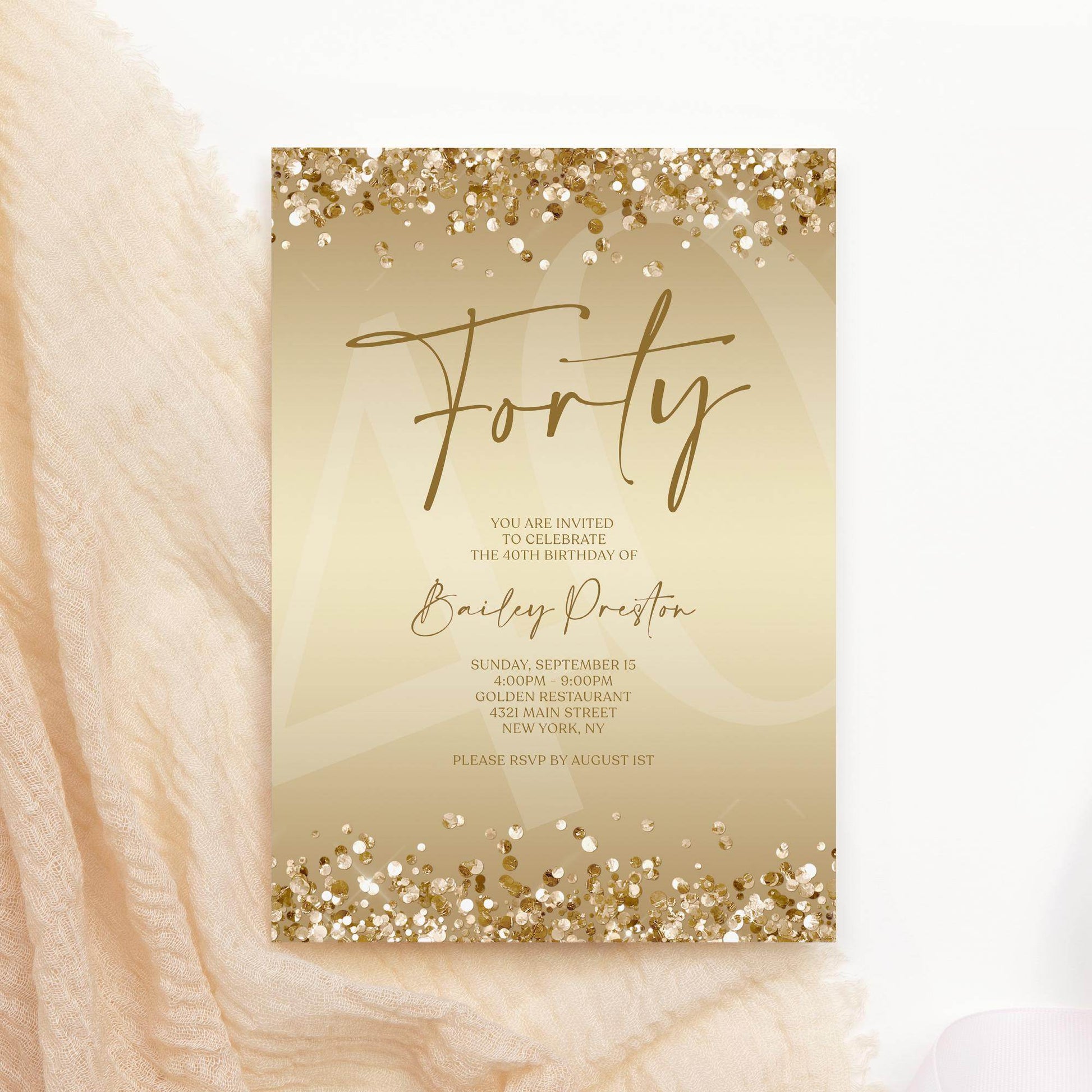 Gold 40th Birthday Invitation Template, Editable Forty Party Printable Invite, Ladies Surprise Birthday Evite, Text Message Digital Download