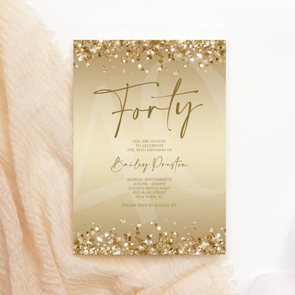 Gold 40th Birthday Invitation Template, Editable Forty Party Printable Invite, Ladies Surprise Birthday Evite, Text Message Digital Download