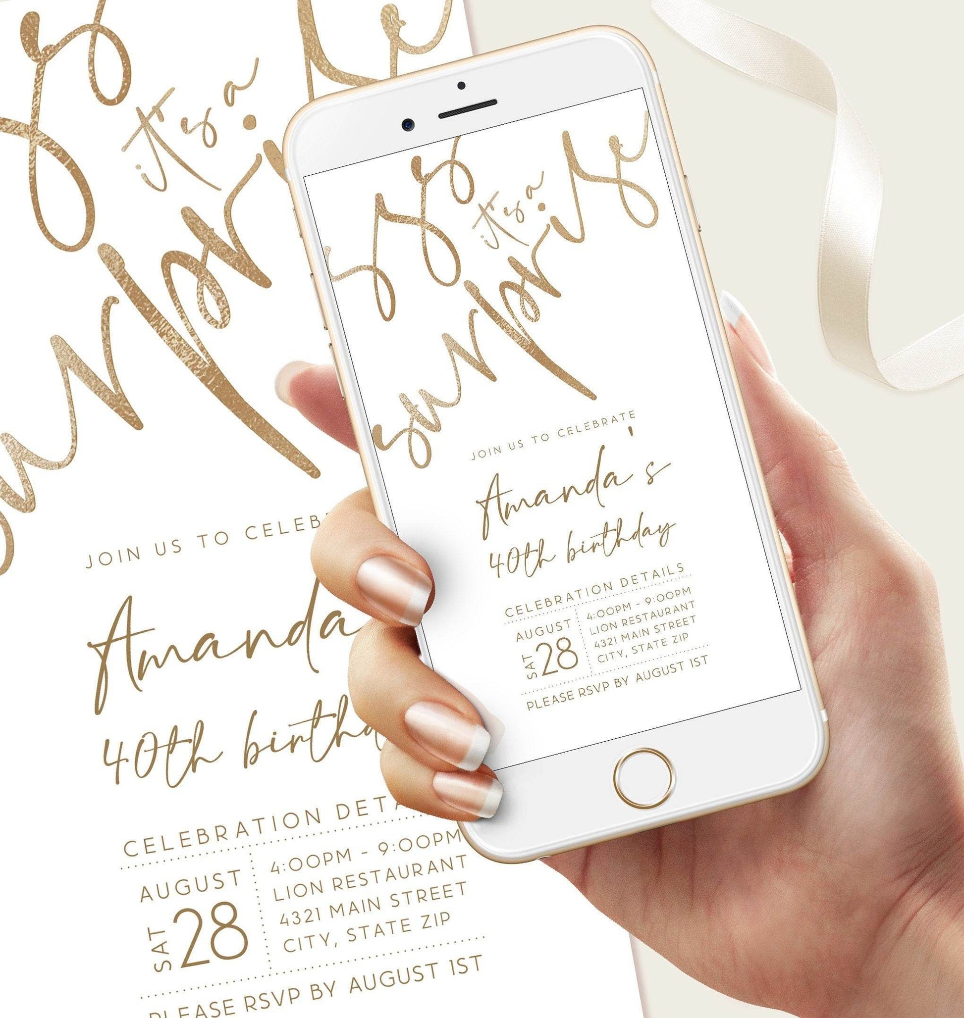 Digital White Gold 40th Surprise Birthday Invitation – Editable Electronic Birthday Text Message Invite | Custom Phone Evite | Instant Download