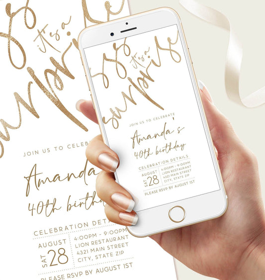 Digital White Gold 40th Surprise Birthday Invitation – Editable Electronic Birthday Text Message Invite | Custom Phone Evite | Instant Download