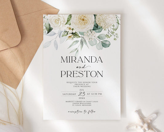 Minimalist Greenery Wedding Invitation Template, Printable Wedding Invitation, Editable Wedding Invite, Wedding Email Text Message, Download
