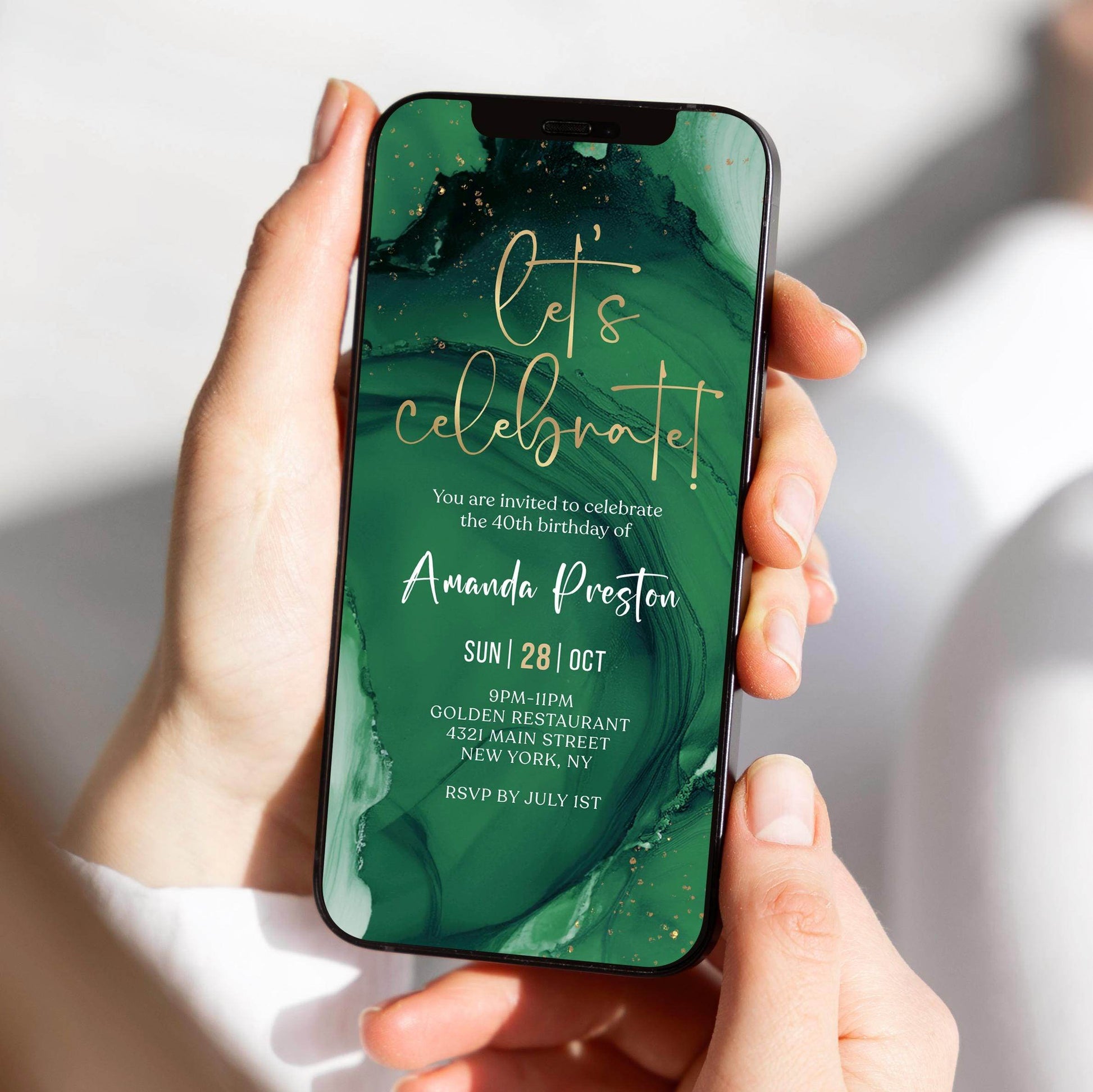 Emerald Gold Birthday Invitation – Editable Let’s Celebrate Party Evite – Green & Gold Digital Any Age Invite – Electronic Text Message Template – Instant Download