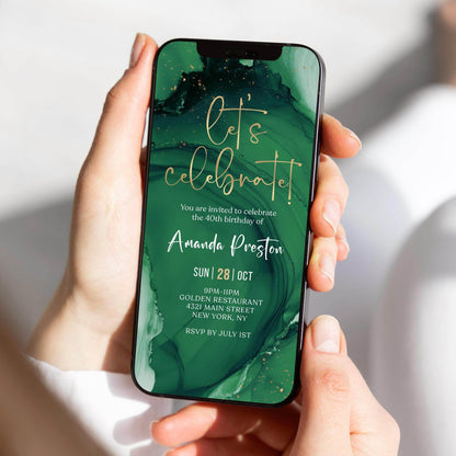 Emerald Gold Birthday Invitation – Editable Let’s Celebrate Party Evite – Green & Gold Digital Any Age Invite – Electronic Text Message Template – Instant Download