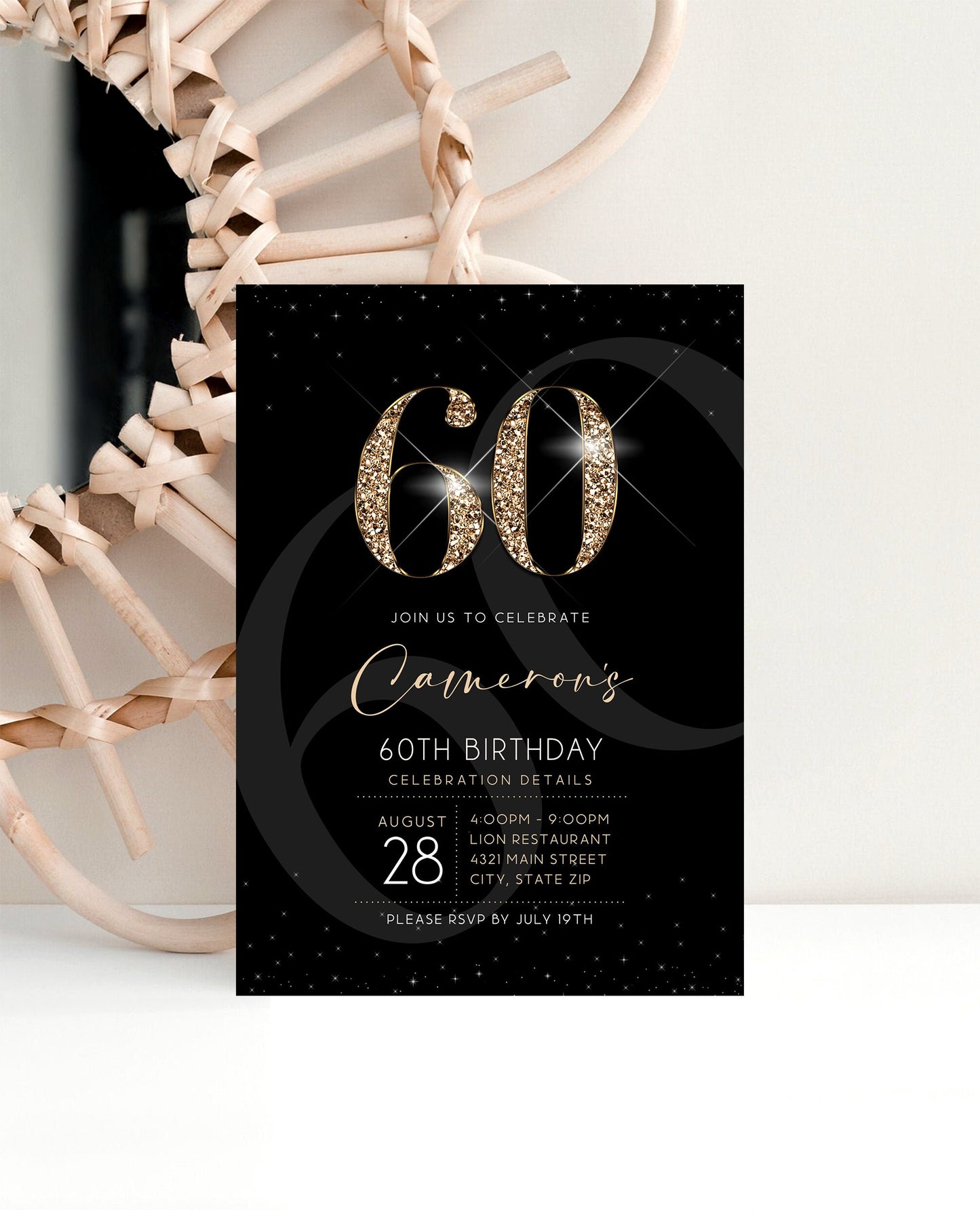 Black Gold Luxury 60th Sixty Birthday Invitation Template, Printable Men's Invite, Editable Invitation, Elegant Invite, Email Text Message