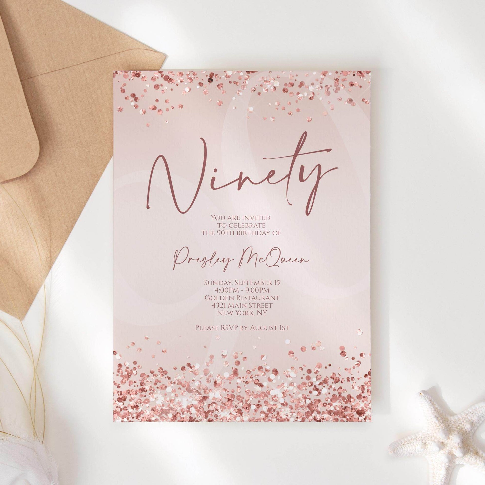 Rose Gold 90th Birthday Invitation Template, Printable Editable Pink Confetti Invite, 90th Digital Text or Email Evite Download