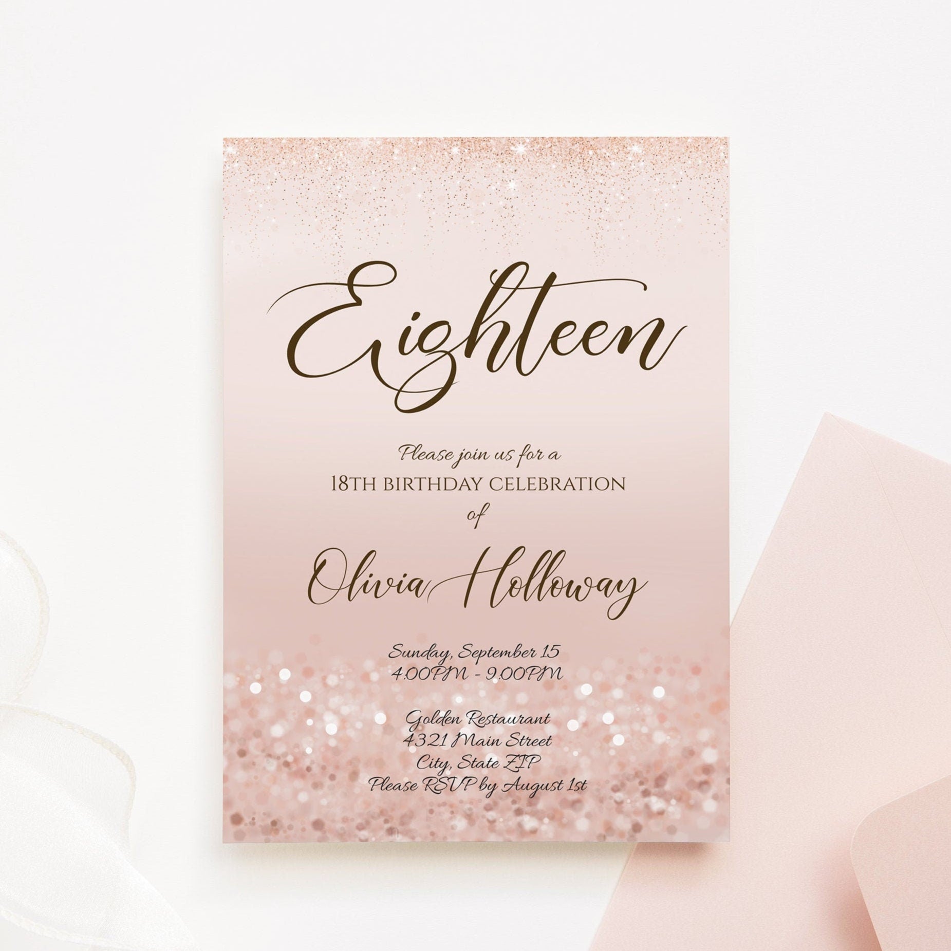 Luxury 18th Birthday Invitation Template - Rose Gold Glitter Design | Instant Download