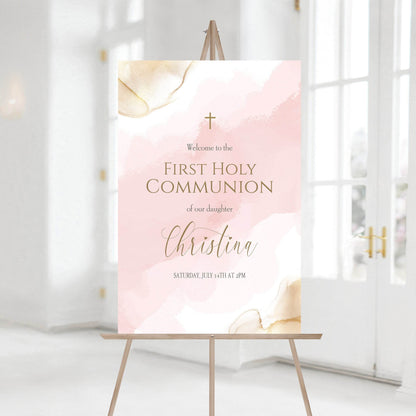 Girl First Holy Communion Welcome Sign, Printable Christening Poster, Editable Pink Gold Watercolor Welcome Sign Template, Instant Download