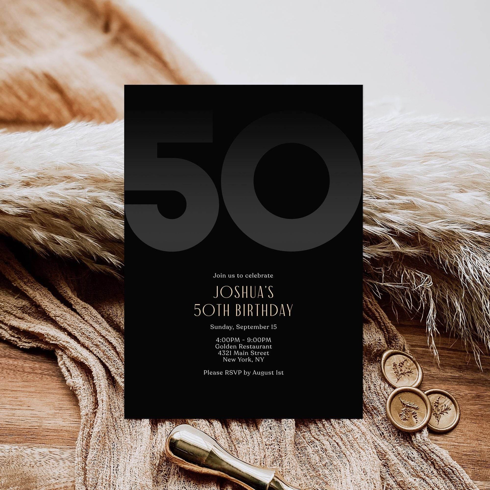 Black 50th Birthday Invitation Template – Editable Modern Party Invite for Him | Printable Elegant Men's Birthday Invitation | Instant Digital Download