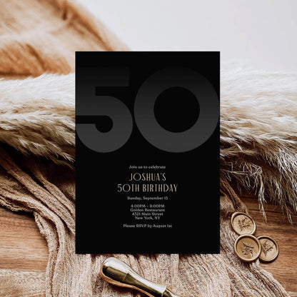 Black 50th Birthday Invitation Template – Editable Modern Party Invite for Him | Printable Elegant Men's Birthday Invitation | Instant Digital Download