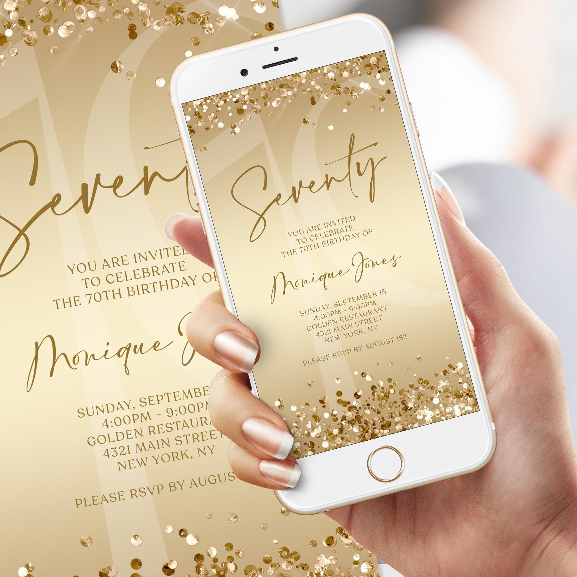 Gold 70th Seventy Invite Digital Template, Electronic Gold Birthday Invitation, Gold Confetti 70th Birthday, Editable Text Message Evite