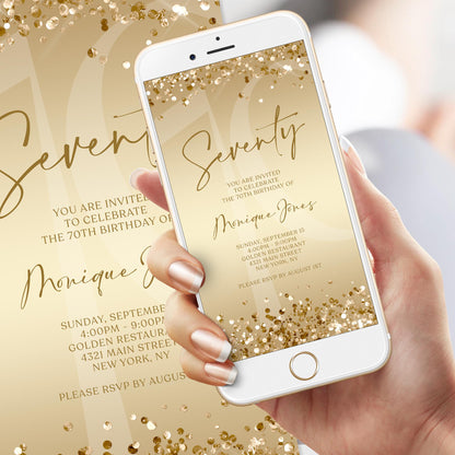 Gold 70th Seventy Invite Digital Template, Electronic Gold Birthday Invitation, Gold Confetti 70th Birthday, Editable Text Message Evite