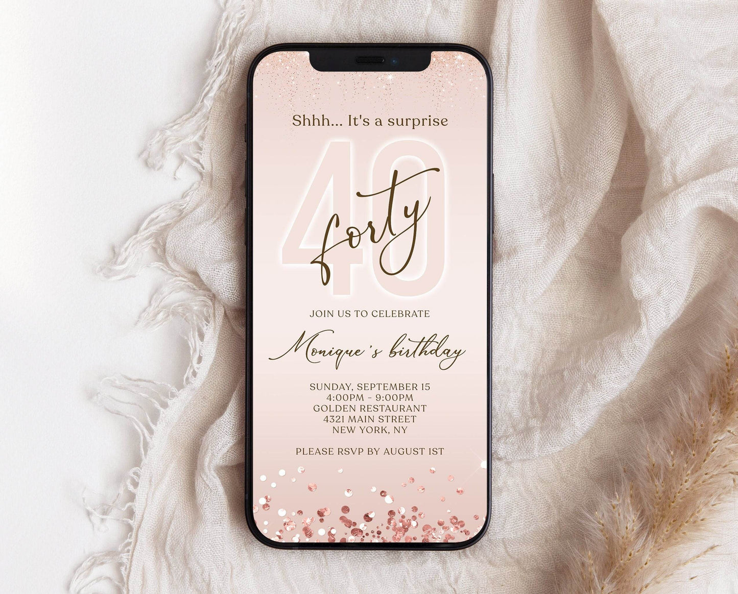 Digital Shhh it's a surprise 40th forty text invitation template, Rose Gold Electronic Editable invite, Text Message Evite, Instant Download
