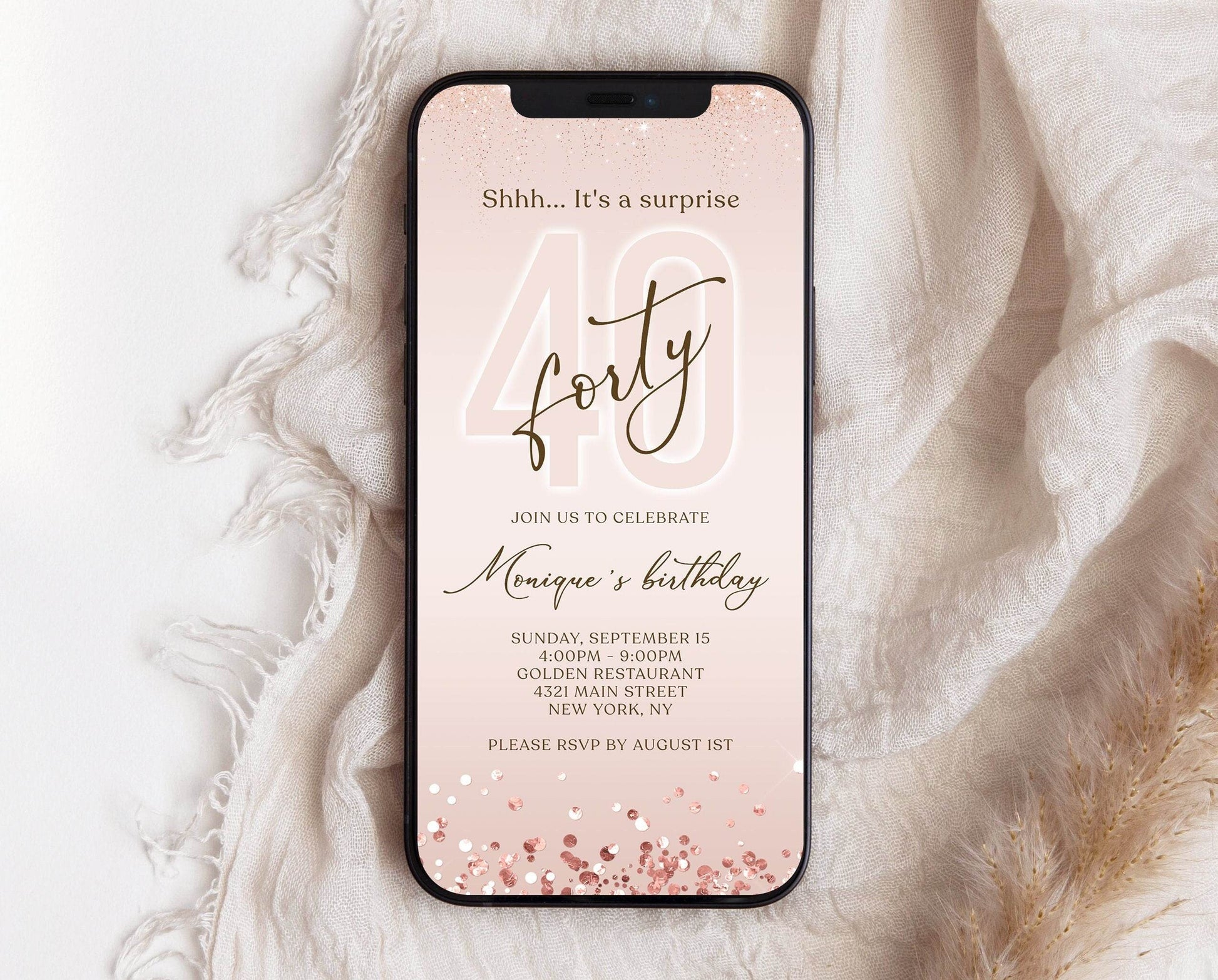 Digital Shhh it's a surprise 40th forty text invitation template, Rose Gold Electronic Editable invite, Text Message Evite, Instant Download