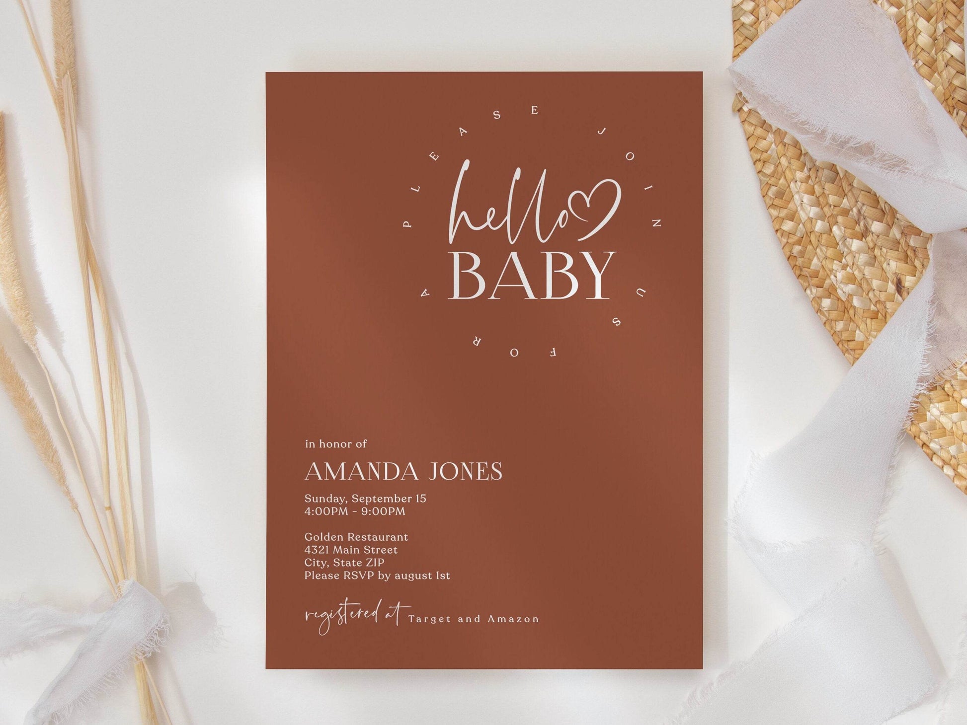 Minimalist Baby Shower Invitation Template – Editable Gender Neutral Hello Baby Invite | Simple Printable Baby Shower Card | Instant Download